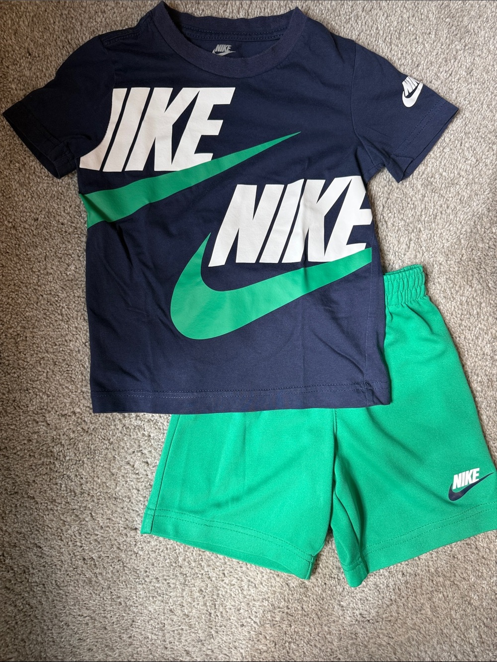 Nike Navy T‑Shirt with Green Swoosh & Green Shorts Set